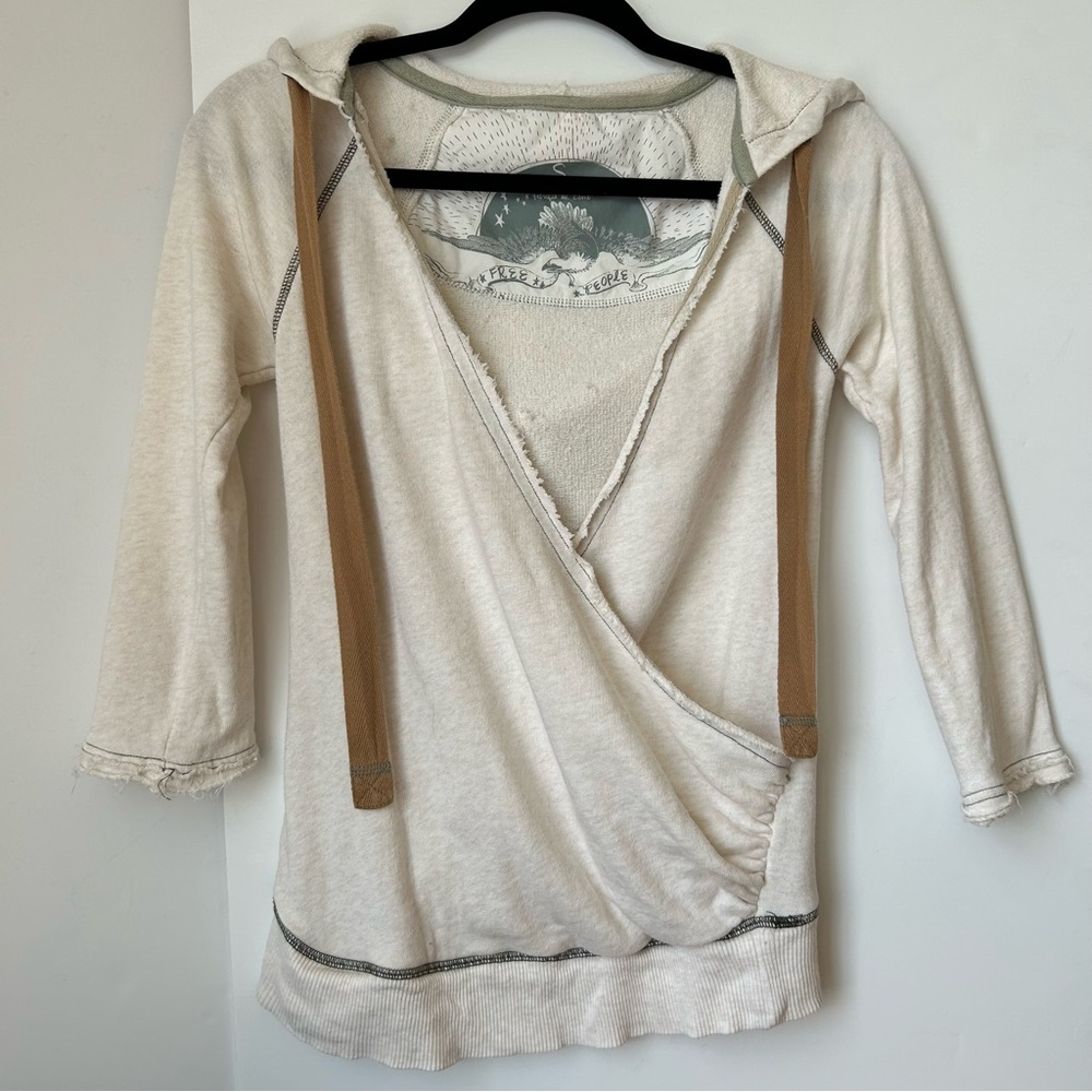 Free People Cream Crossover Front Sweatshirt  Faux Wrap Hooded Cottagecore Sz S
